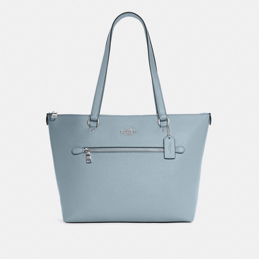 COACH®,GALLERY TOTE BAG,Crossgrain Leather,Large,Silver/Ice Blue,Front View