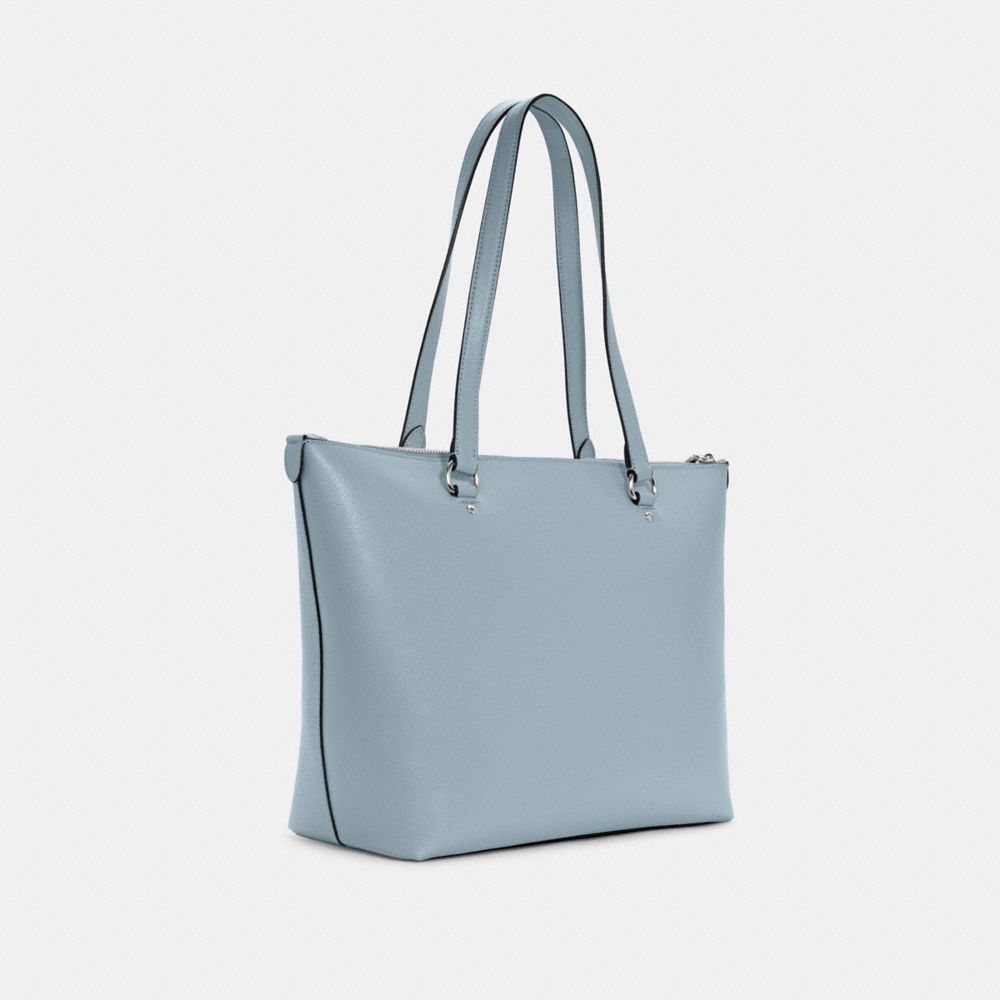 COACH®,GALLERY TOTE BAG,Crossgrain Leather,Large,Silver/Ice Blue,Angle View