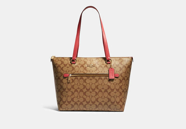 COACH®,GALLERY TOTE BAG IN SIGNATURE CANVAS,Leather,Large,Gold/Khaki Poppy,Front View