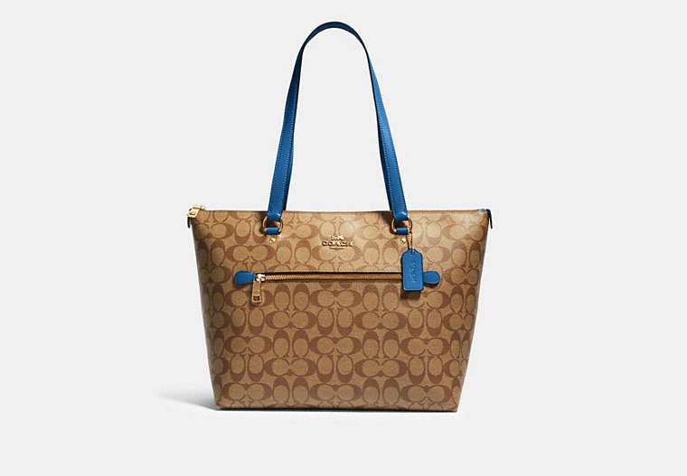 COACH®,GALLERY TOTE IN SIGNATURE CANVAS,Leather,Large,Gold/Khaki Deep Atlantic,Front View