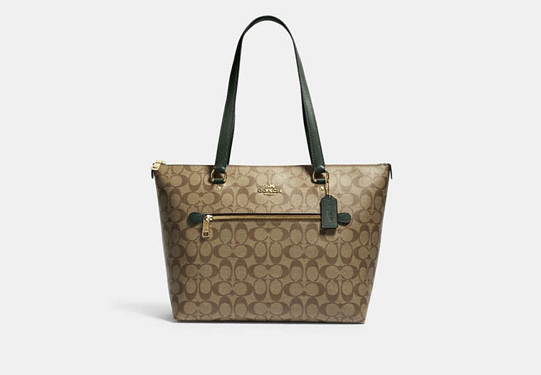COACH®,GALLERY TOTE IN SIGNATURE CANVAS,Leather,Large,Gold/Khaki/Amazon Green,Front View