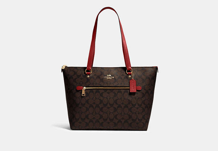 COACH®,GALLERY TOTE BAG IN SIGNATURE CANVAS,Leather,Large,Gold/Brown 1941 Red,Front View