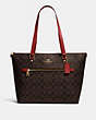 COACH®,GALLERY TOTE BAG IN SIGNATURE CANVAS,Leather,Large,Gold/Brown 1941 Red,Front View