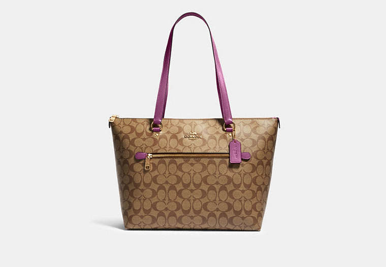 COACH®,GALLERY TOTE BAG IN SIGNATURE CANVAS,Leather,Large,Gold/Khaki/Lilac Berry,Front View
