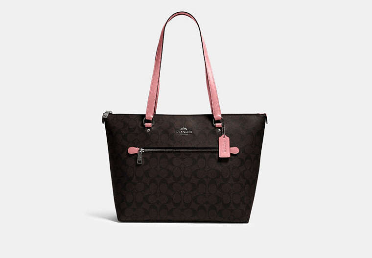 COACH®,GALLERY TOTE IN SIGNATURE CANVAS,Leather,Large,Gunmetal/Brown Pink Lemonade,Front View