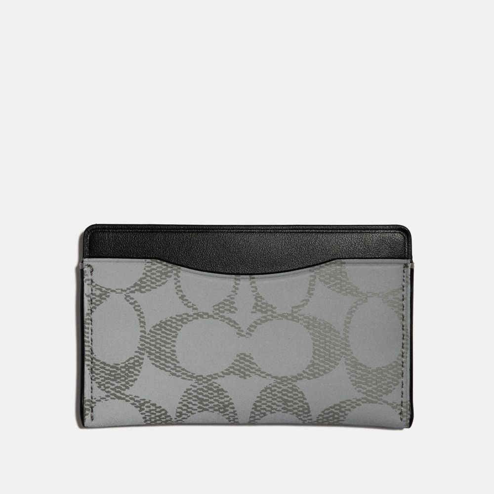 COACH®,SMALL CARD CASE IN REFLECTIVE SIGNATURE CANVAS,Signature Coated Canvas/Smooth Leather,Silver/Black,Front View