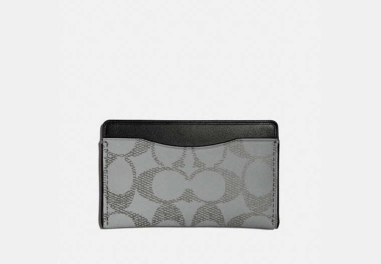 COACH®,SMALL CARD CASE IN REFLECTIVE SIGNATURE CANVAS,Signature Coated Canvas/Smooth Leather,Silver/Black,Front View image number 0