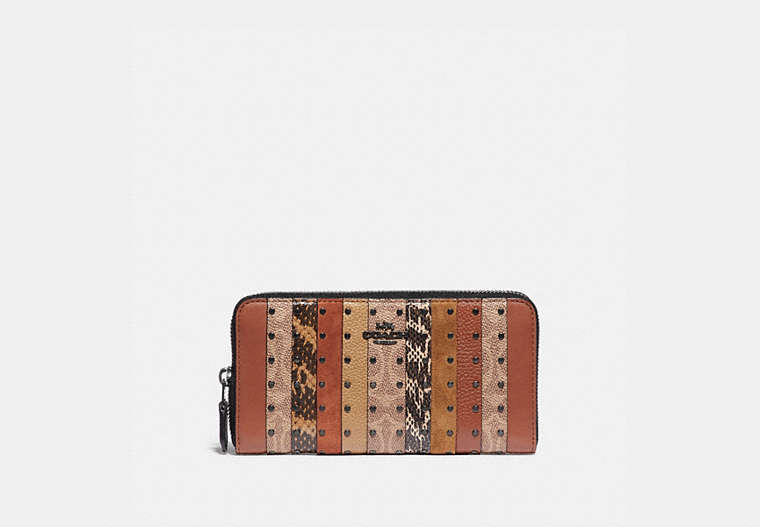 Portefeuille zippé en accordéon avec rayures en patchwork de toile emblématiques et détail en peau de serpent