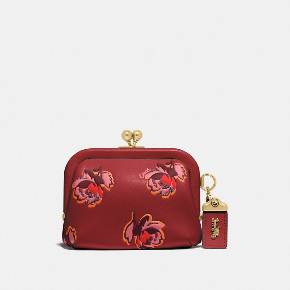 COACH®,KISSLOCK COIN CASE WITH FLORAL PRINT,Smooth Leather,Mini,Brass/Red Apple Floral Print,Front View