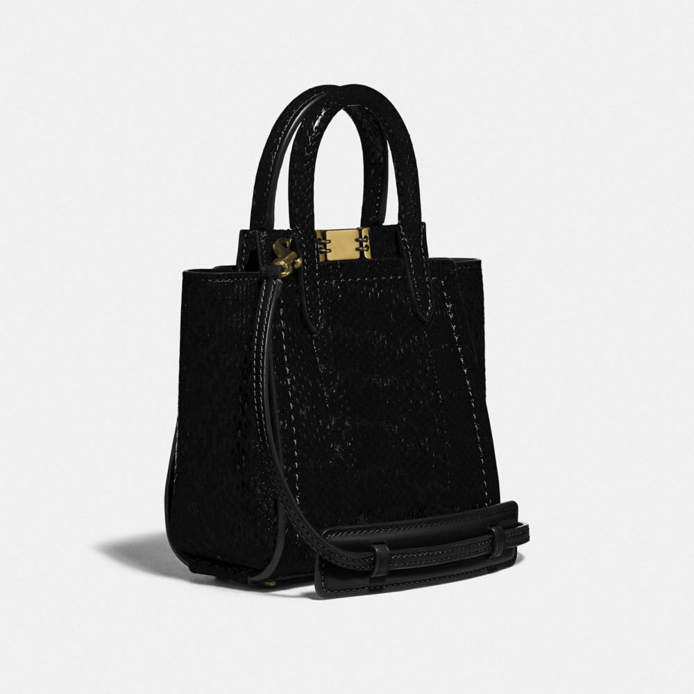 COACH®,TROUPE TOTE 16 IN SNAKESKIN,Leather,Small,Brass/Black,Angle View