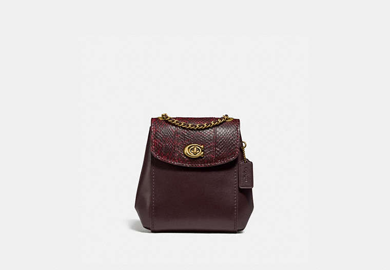 COACH®,PARKER CONVERTIBLE BACKPACK 16 WITH SNAKESKIN DETAIL,Smooth Leather/Exotic,Small,Brass/Deep Red,Front View