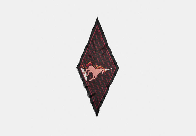 COACH®,HORSE AND CARRIAGE UNICORN PRINT SILK DIAMOND SCARF,Black/Oxblood,Front View