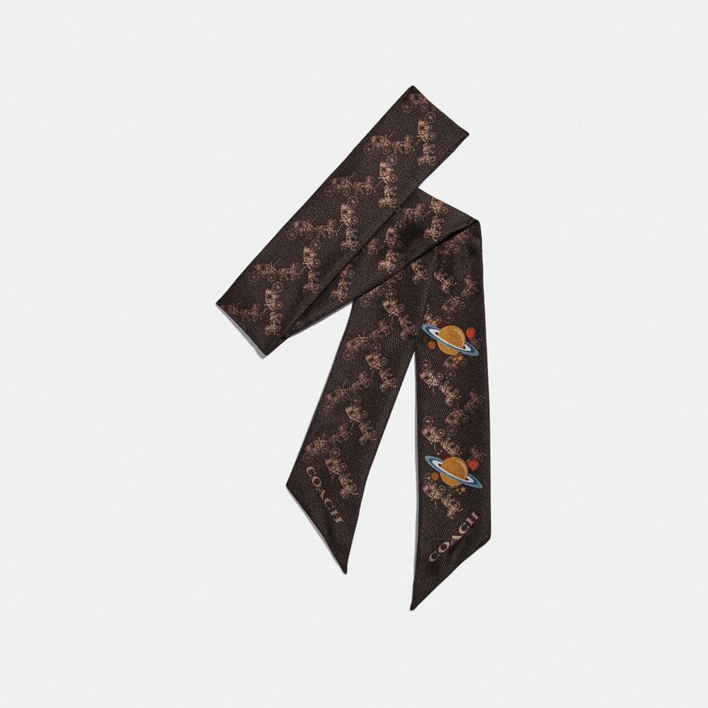Horse And Carriage Planet Print Silk Skinny Scarf