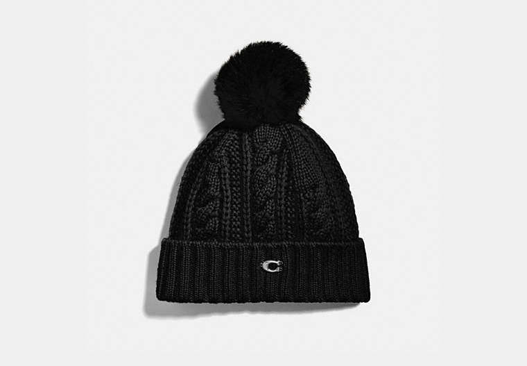 COACH®,KNIT HAT WITH SHEARLING POM POM,Shearling,Black,Front View