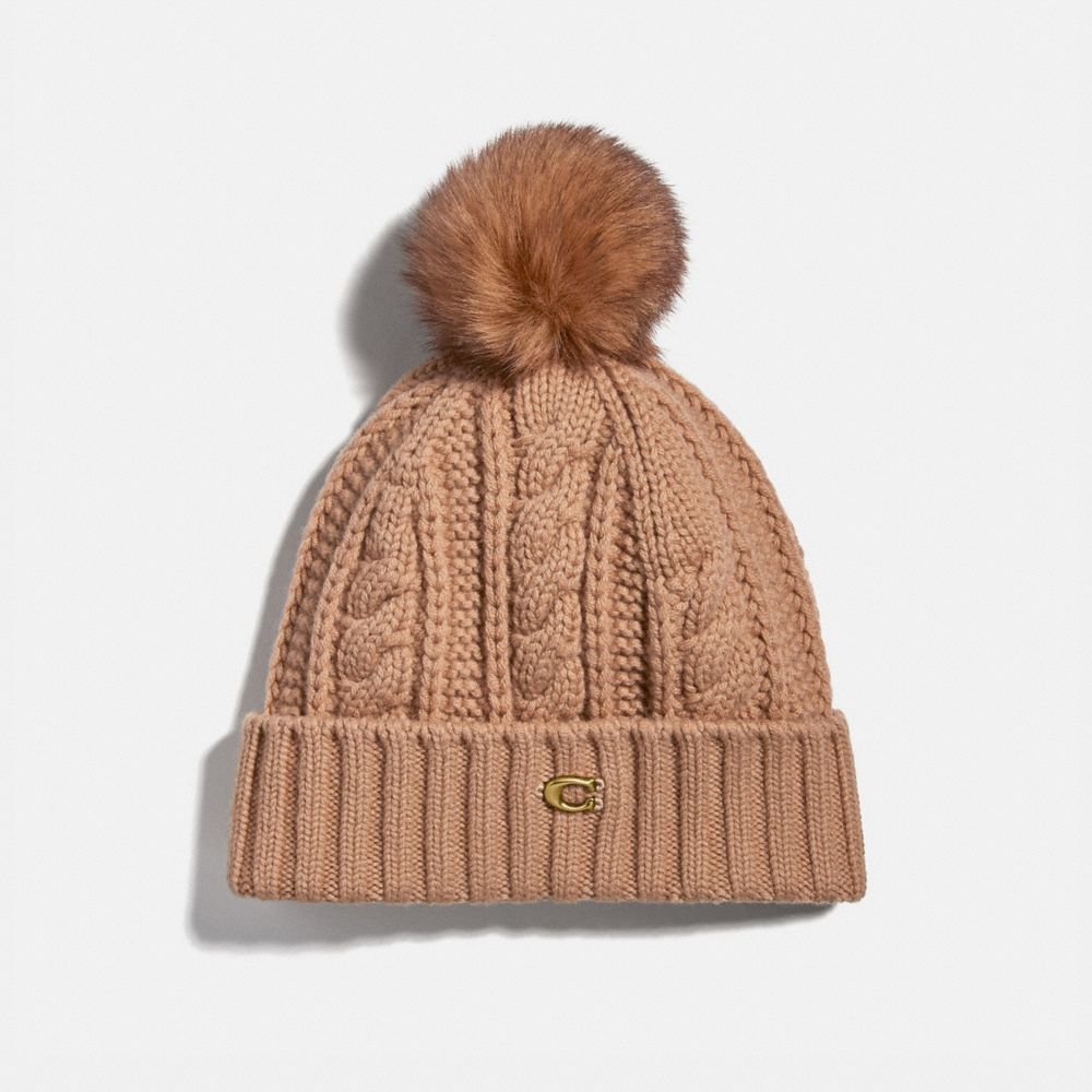 COACH®,KNIT HAT WITH SHEARLING POM POM,Shearling,Camel,Front View image number 0
