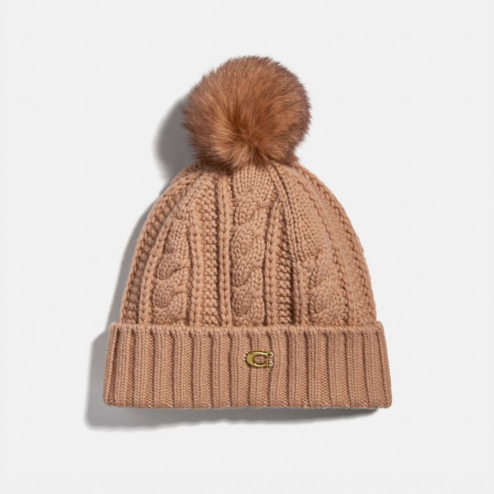 COACH®,Knit Hat With Shearling Pom Pom,,Front View