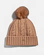 COACH®,KNIT HAT WITH SHEARLING POM POM,Shearling,Camel,Front View