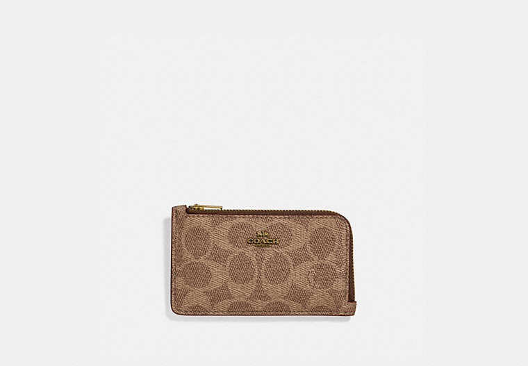 COACH®,SMALL L-ZIP CARD CASE IN SIGNATURE CANVAS,pvc,Brass/Tan/Rust,Front View image number 0