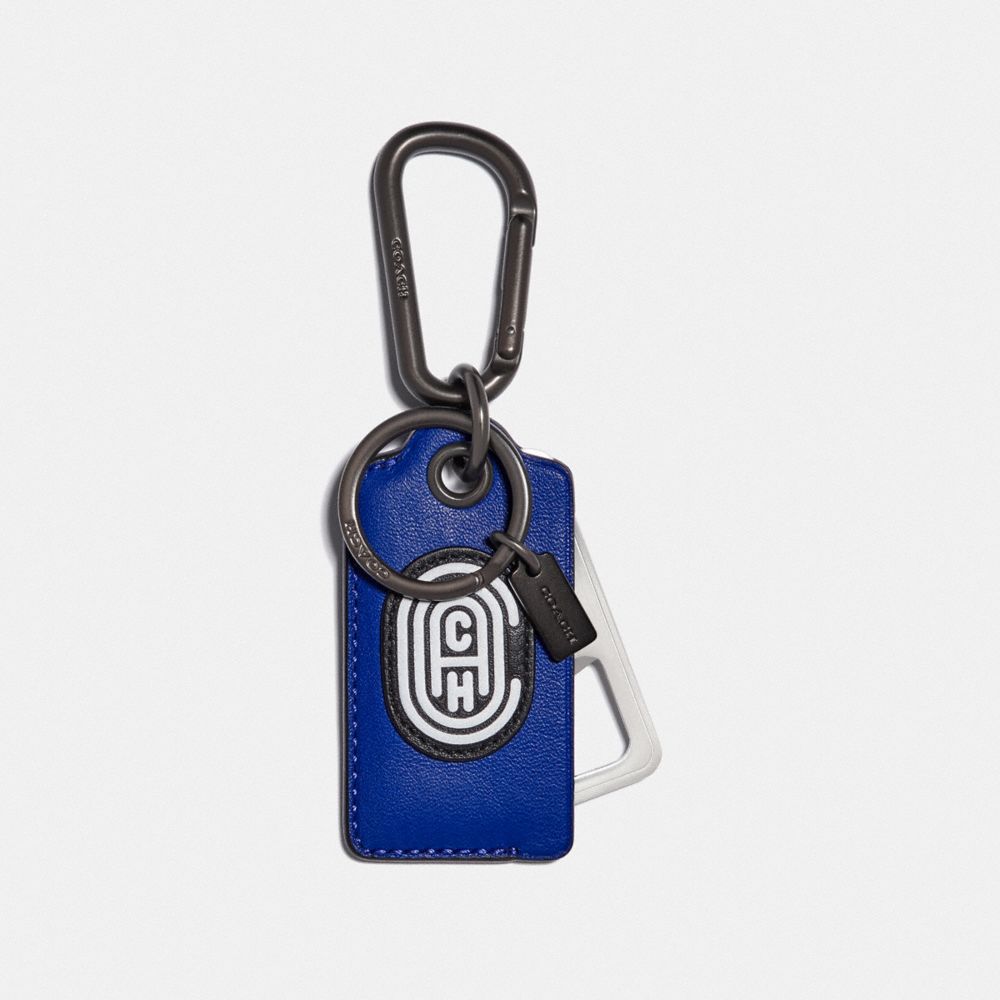 COACH®,BOTTLE OPENER KEY FOB WITH REFLECTIVE COACH PATCH,Leather,Sport Blue/Silver,Front View