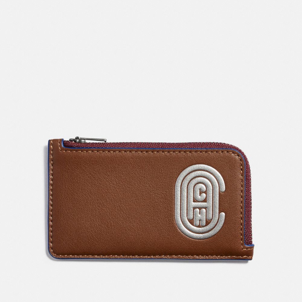 COACH®,L-ZIP CARD CASE WITH REFLECTIVE COACH PATCH,Smooth Leather,Saddle/Sport Blue,Front View