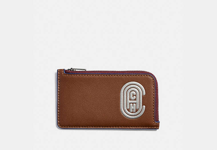 COACH®,L-ZIP CARD CASE WITH REFLECTIVE COACH PATCH,Smooth Leather,Saddle/Sport Blue,Front View