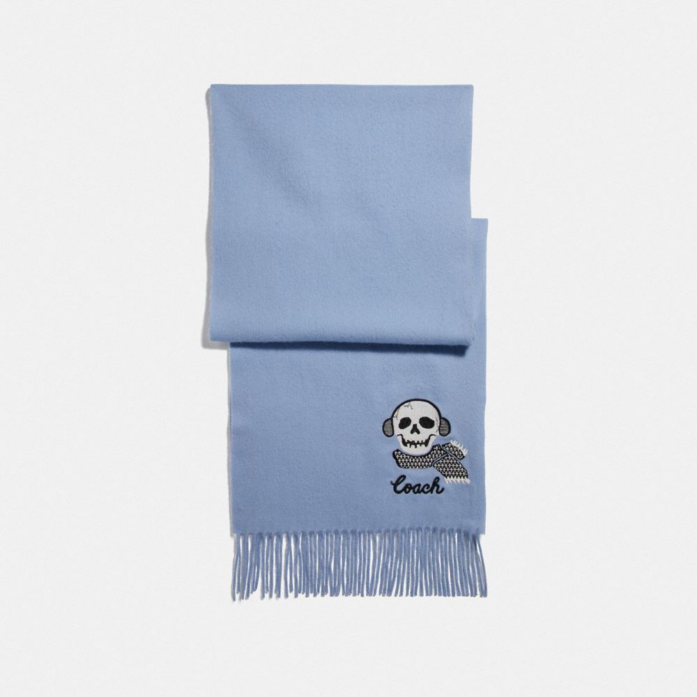 COACH®,BONESY EMBROIDERED MUFFLER,wool,LIGHT BLUE,Front View