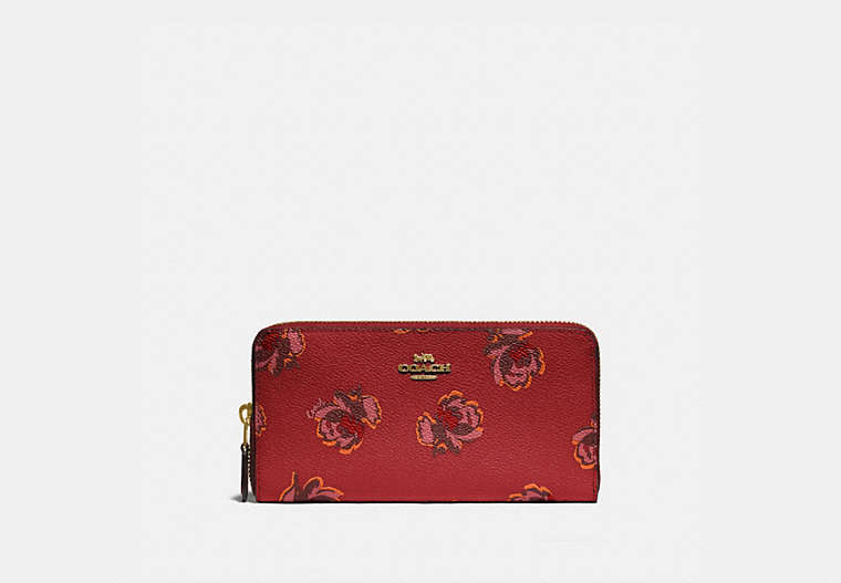COACH®,ACCORDION ZIP WALLET WITH FLORAL PRINT,pvc,Mini,Gold/Red Apple Floral Print,Front View