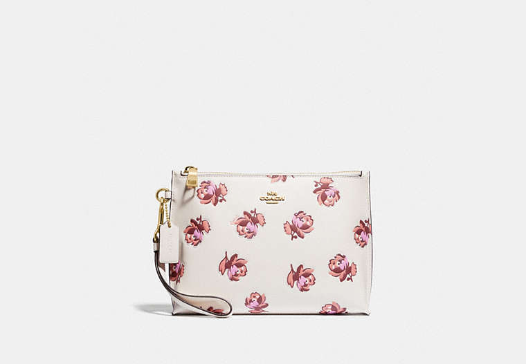 COACH®,CHARLIE POUCH WITH FLORAL PRINT,Smooth Leather,Gold/Chalk Floral Print,Front View