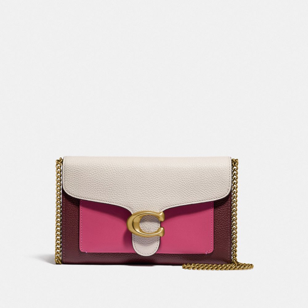 COACH®,TABBY CHAIN CLUTCH IN COLORBLOCK,Leather,Brass/Confetti Pink Multi,Front View