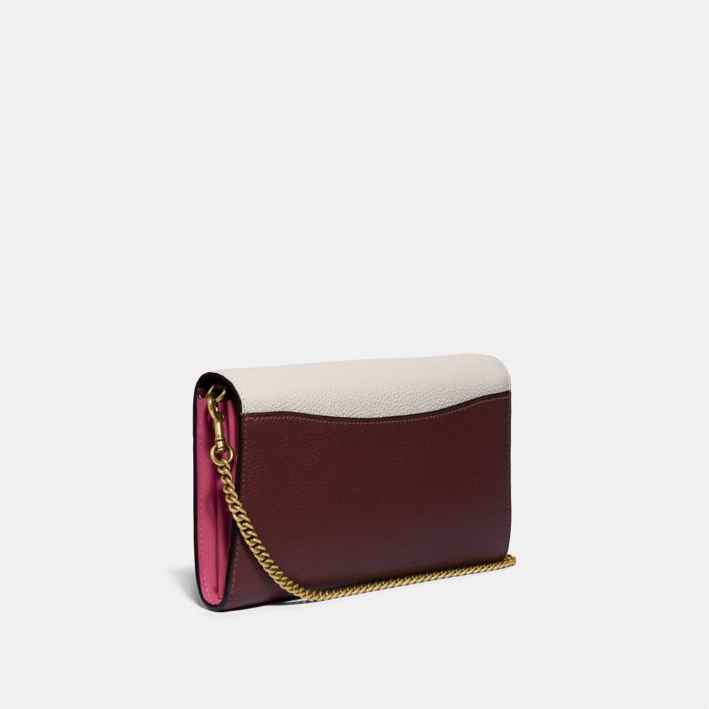 COACH®,TABBY CHAIN CLUTCH IN COLORBLOCK,Leather,Brass/Confetti Pink Multi,Angle View
