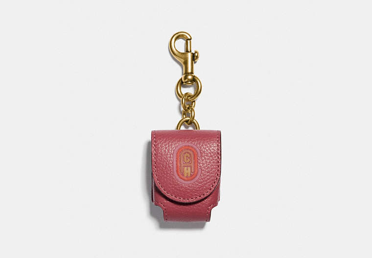COACH®,WIRELESS EARBUD CASE BAG CHARM WITH COACH PATCH,Leather,Gold/Red,Front View