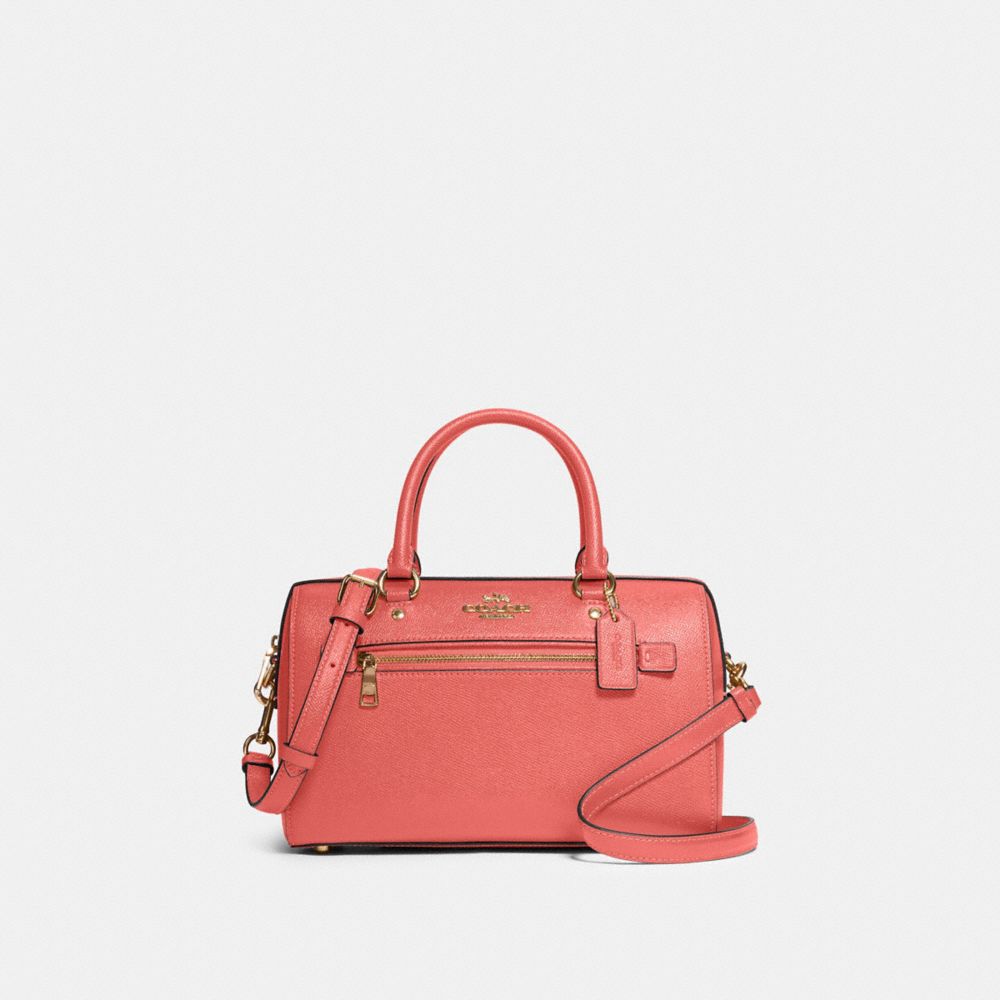 COACH®,ROWAN SATCHEL BAG,Crossgrain Leather,Large,Gold/Bright Coral,Front View