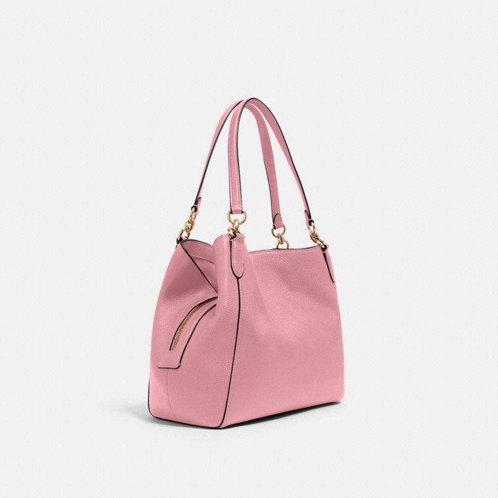COACH®,HALLIE SHOULDER BAG,Pebbled Leather,Large,Gold/True Pink,Angle View
