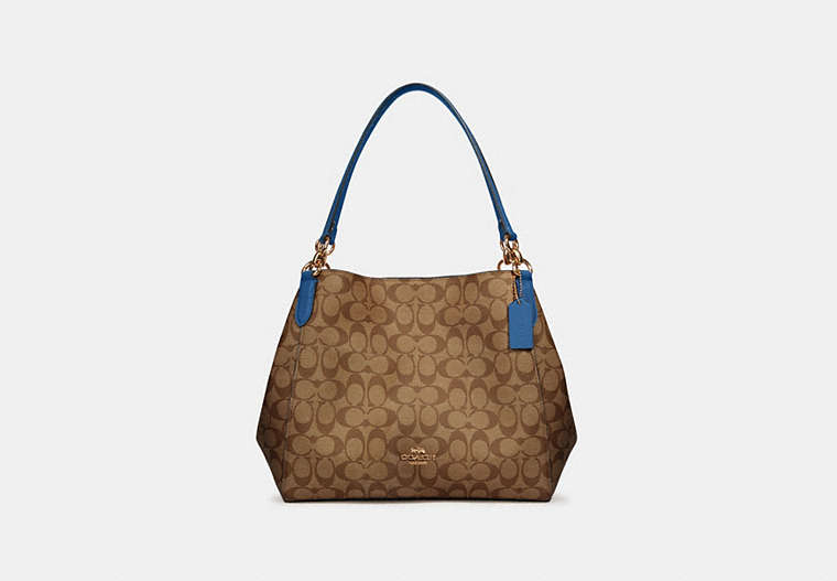 COACH®,HALLIE SHOULDER BAG IN SIGNATURE CANVAS,Leather,Small,Gold/Khaki Deep Atlantic,Front View