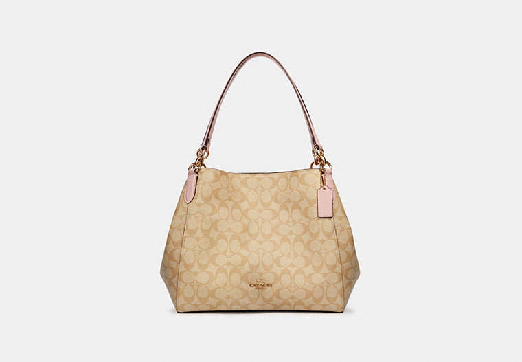 COACH®,HALLIE SHOULDER BAG IN SIGNATURE CANVAS,Leather,Small,Gold/Light Khaki Blossom,Front View