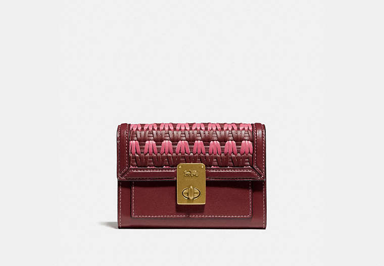 COACH®,HUTTON WALLET WITH WEAVING,Leather,Brass/Confetti Pink Multi,Front View image number 0