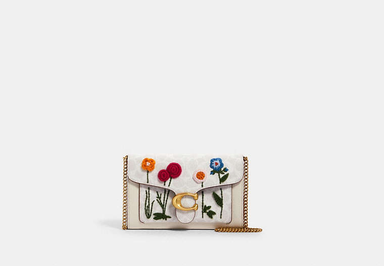 COACH®,TABBY CHAIN CLUTCH IN SIGNATURE CANVAS WITH FLORAL EMBROIDERY,Coated Canvas,Brass/Chalk Multi,Front View