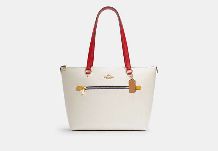 COACH®,GALLERY TOTE IN COLORBLOCK,Leather,Large,Gold/Chalk Electric Red Multi,Front View