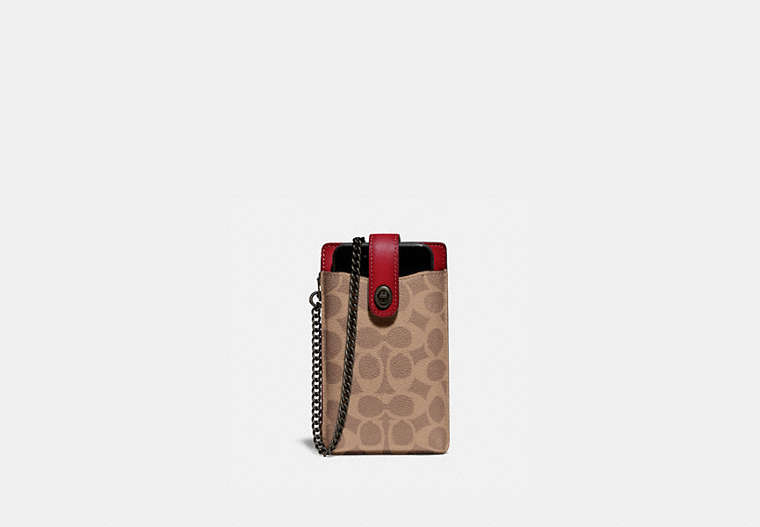 COACH®,TURNLOCK CHAIN PHONE CROSSBODY IN BLOCKED SIGNATURE CANVAS,Signature Coated Canvas/Smooth Leather,Pewter/Tan Red Apple,Front View