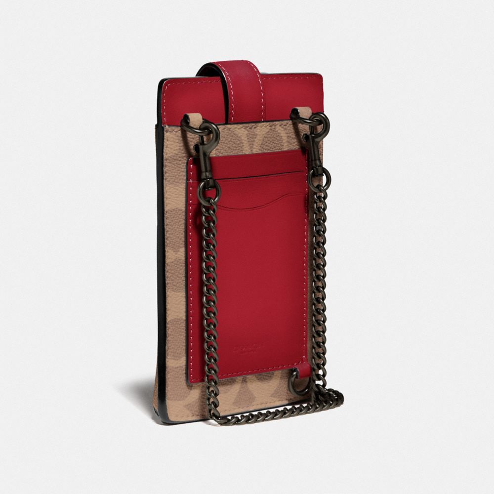 COACH®,TURNLOCK CHAIN PHONE CROSSBODY IN BLOCKED SIGNATURE CANVAS,Signature Coated Canvas/Smooth Leather,Pewter/Tan Red Apple,Angle View