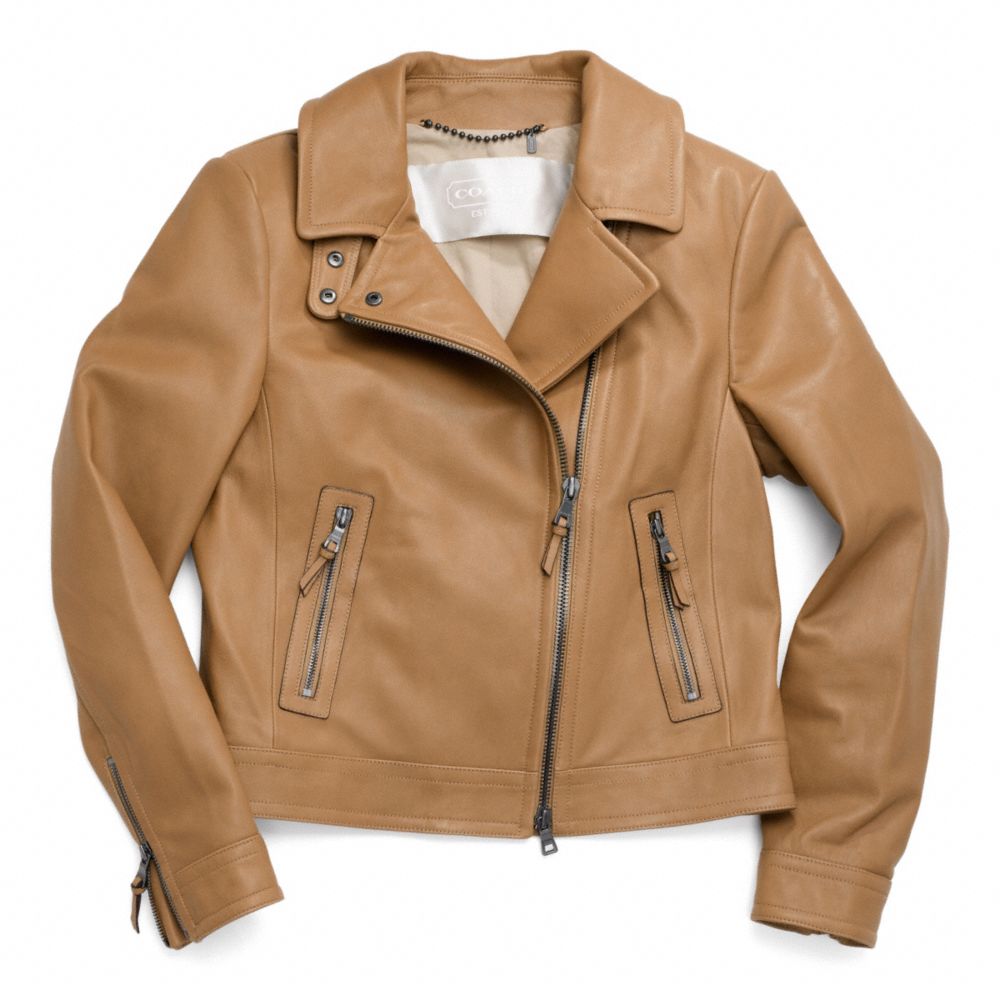 COACH®,VESTE DE MOTO EN CUIR,Cuir,KAKI,Front View