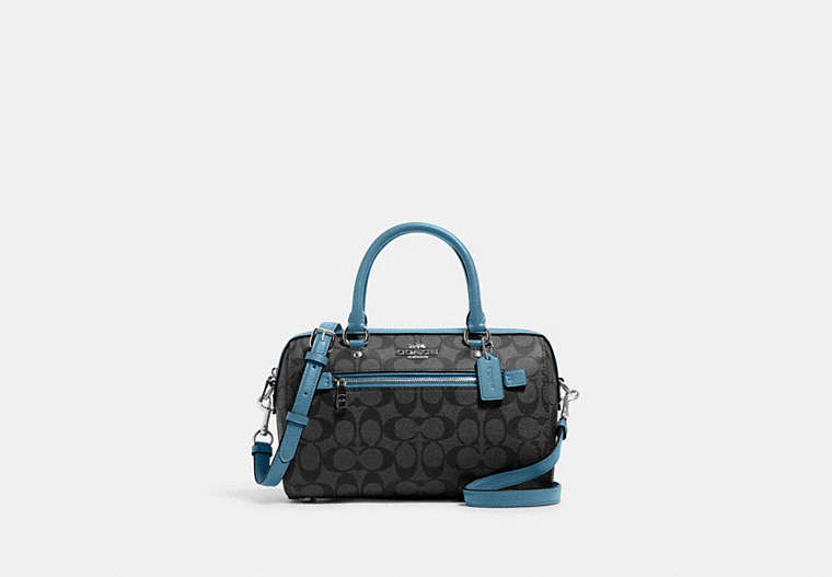 COACH®,ROWAN SATCHEL BAG IN SIGNATURE CANVAS,Leather,Large,Silver/Graphite/Pacific Blue,Front View