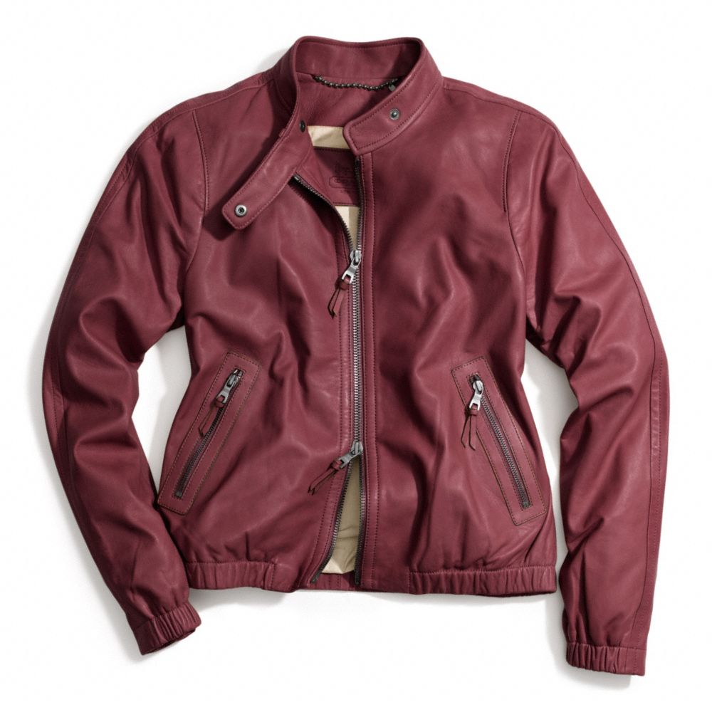 COACH®,VESTE DE PILOTE EN CUIR,Cuir,Bordeaux,Front View