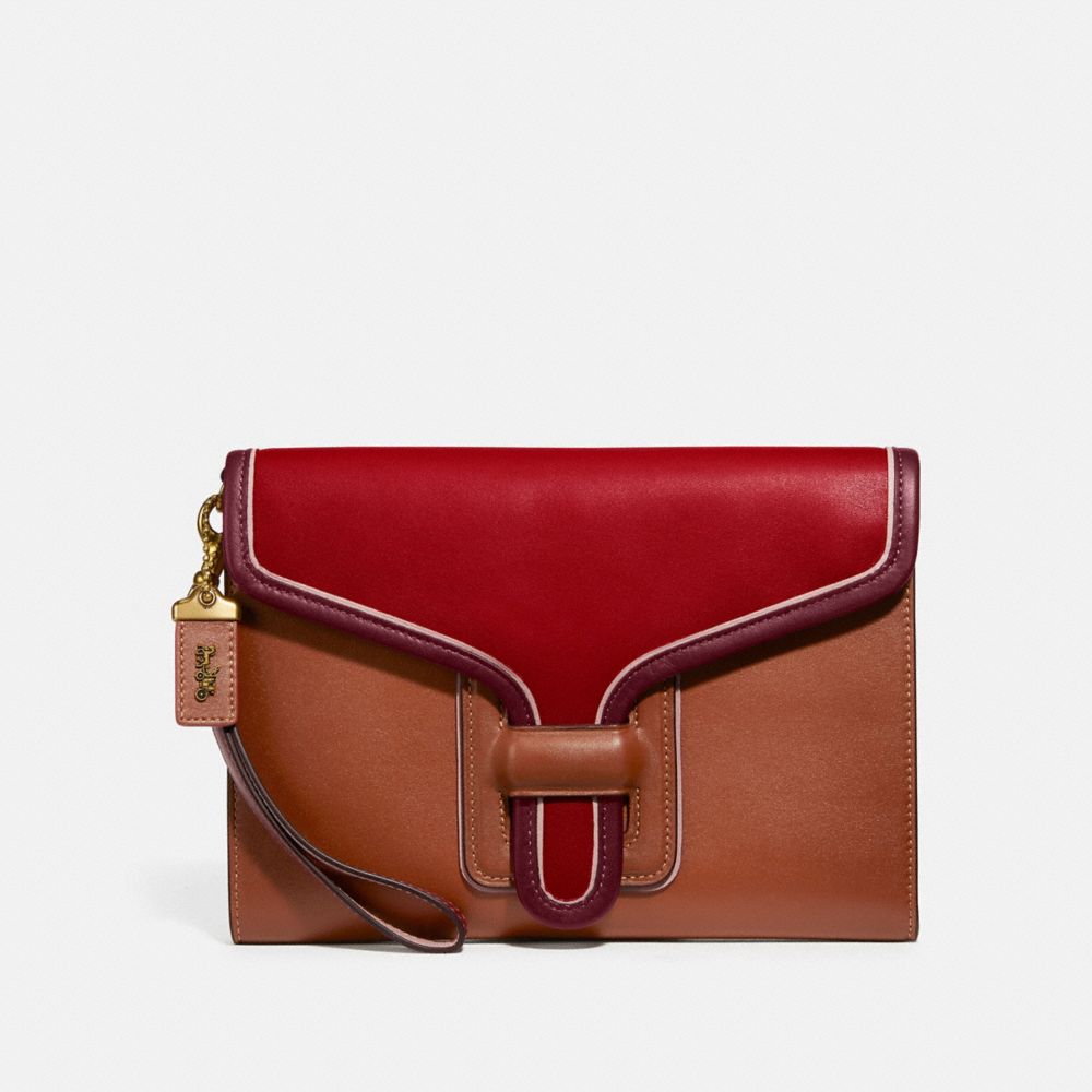 COACH®,COURIER WRISTLET IN COLORBLOCK,Leather,Mini,Brass/Red Apple Multi,Front View