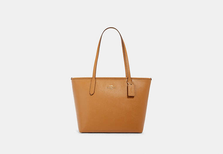 COACH®,ZIP TOP TOTE,Leather,Gold/LIGHT SADDLE,Front View