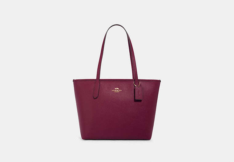COACH®,ZIP TOP TOTE,Leather,Gold/Dark Berry,Front View