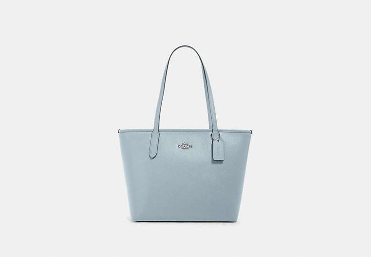 COACH®,ZIP TOP TOTE,Leather,Silver/PALE BLUE,Front View