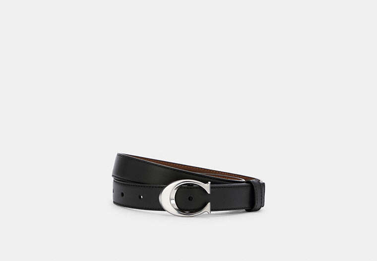 COACH®,SIGNATURE BUCKLE BELT, 25MM,Leather,Silver/Black Dark Saddle,Front View
