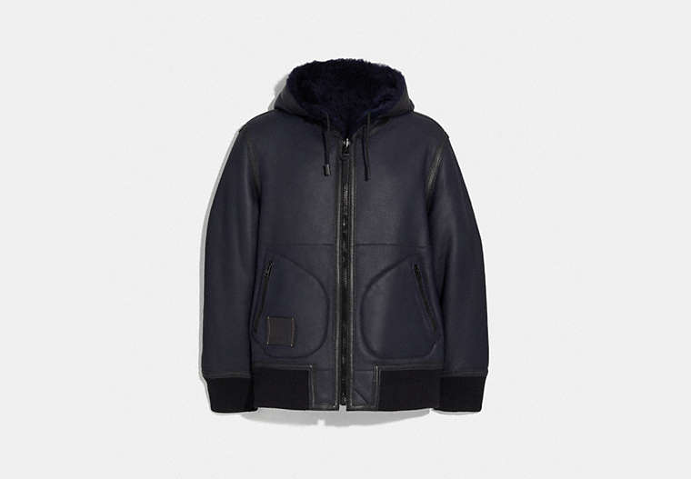 COACH®,REVERSIBLE SHEARLING HOODIE,Leather,NAVY,Front View
