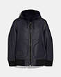 COACH®,REVERSIBLE SHEARLING HOODIE,Leather,NAVY,Front View